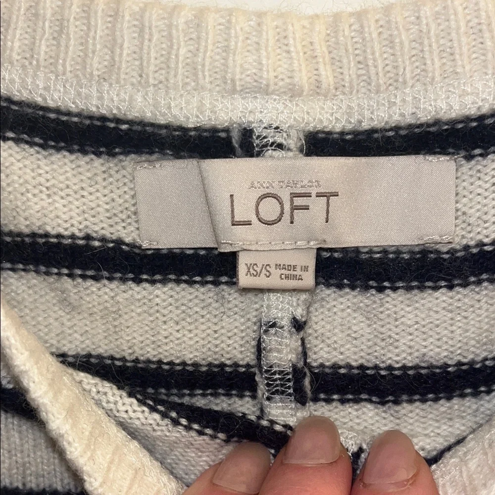 LOFT Cream and Navy Striped Crew Neck Sweater - Picture 2 of 8